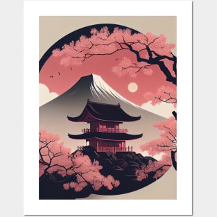 Serene Serenity: Minimal Japanese Temple, Cherry Blossoms and Mount Fiji Posters and Art